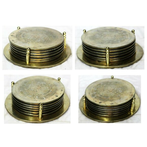 Set of 6 VTG Pineapple Etched Drink Coasters & Stand Gold Metal Barware Table - Picture 2 of 9